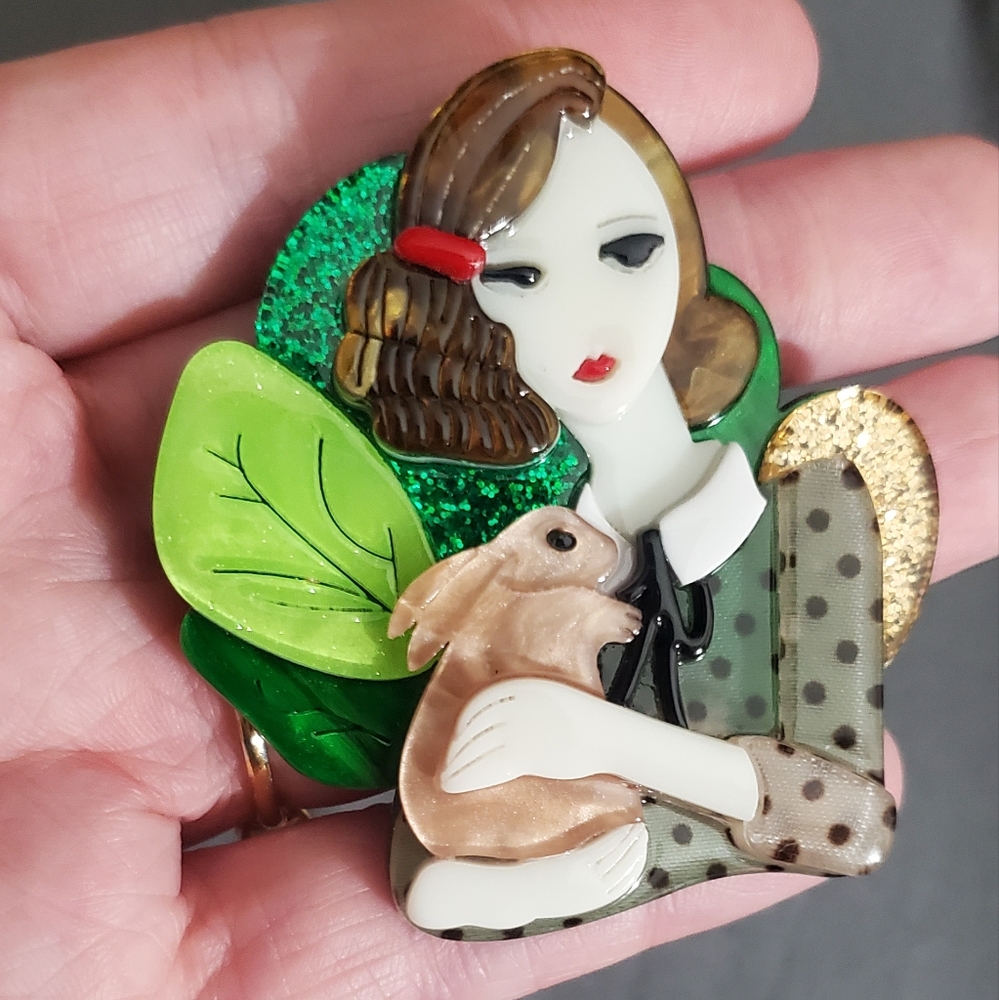 Acrylic brooch pin girl holding rabbit bunny vintage style New enamel layered